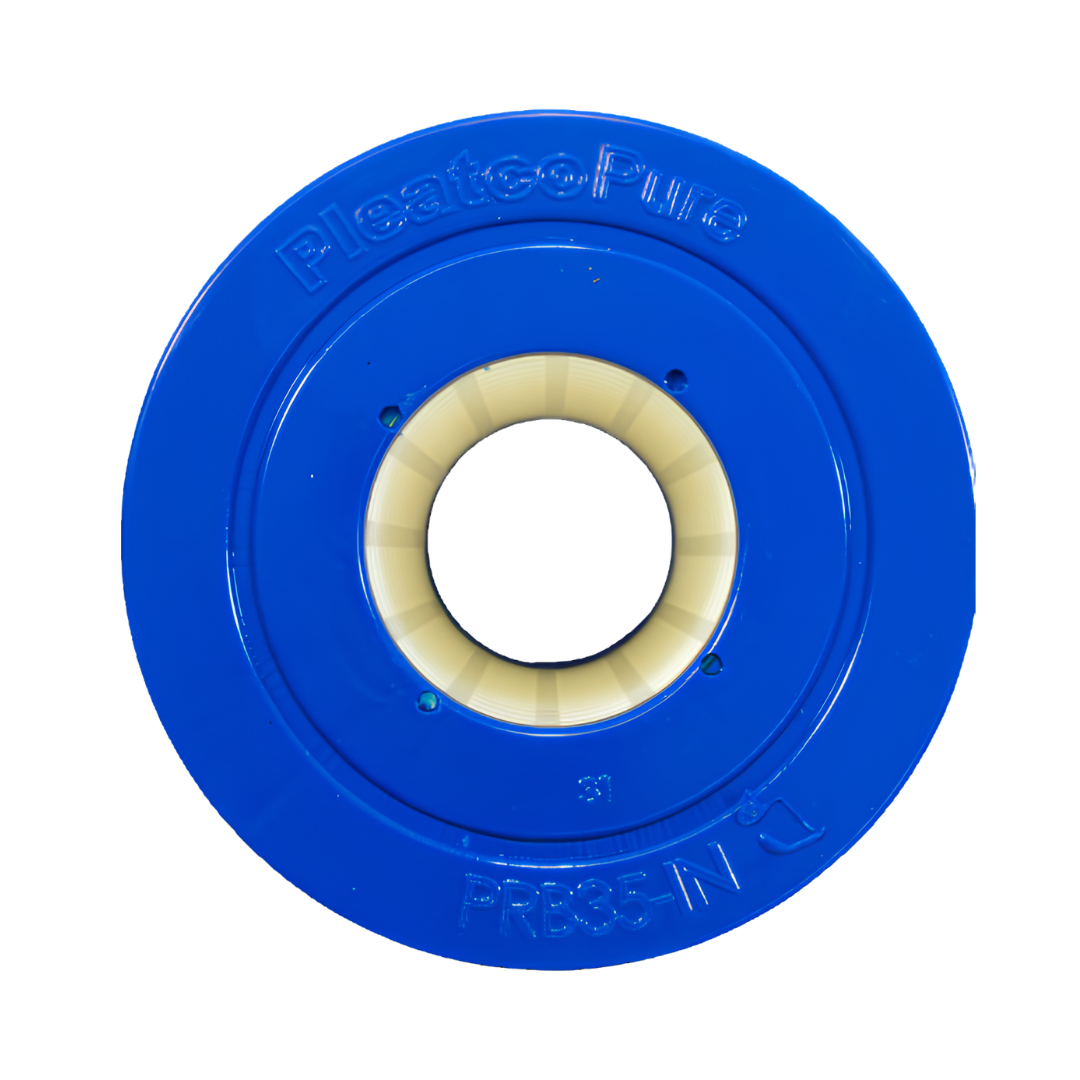 Direct overhead view of a PleatcoPure PRB35-IN 35 Sq Ft replacement filter cartridge for Dyno Flo Tonga spas showcasing the blue open end cap with stamped model numbers