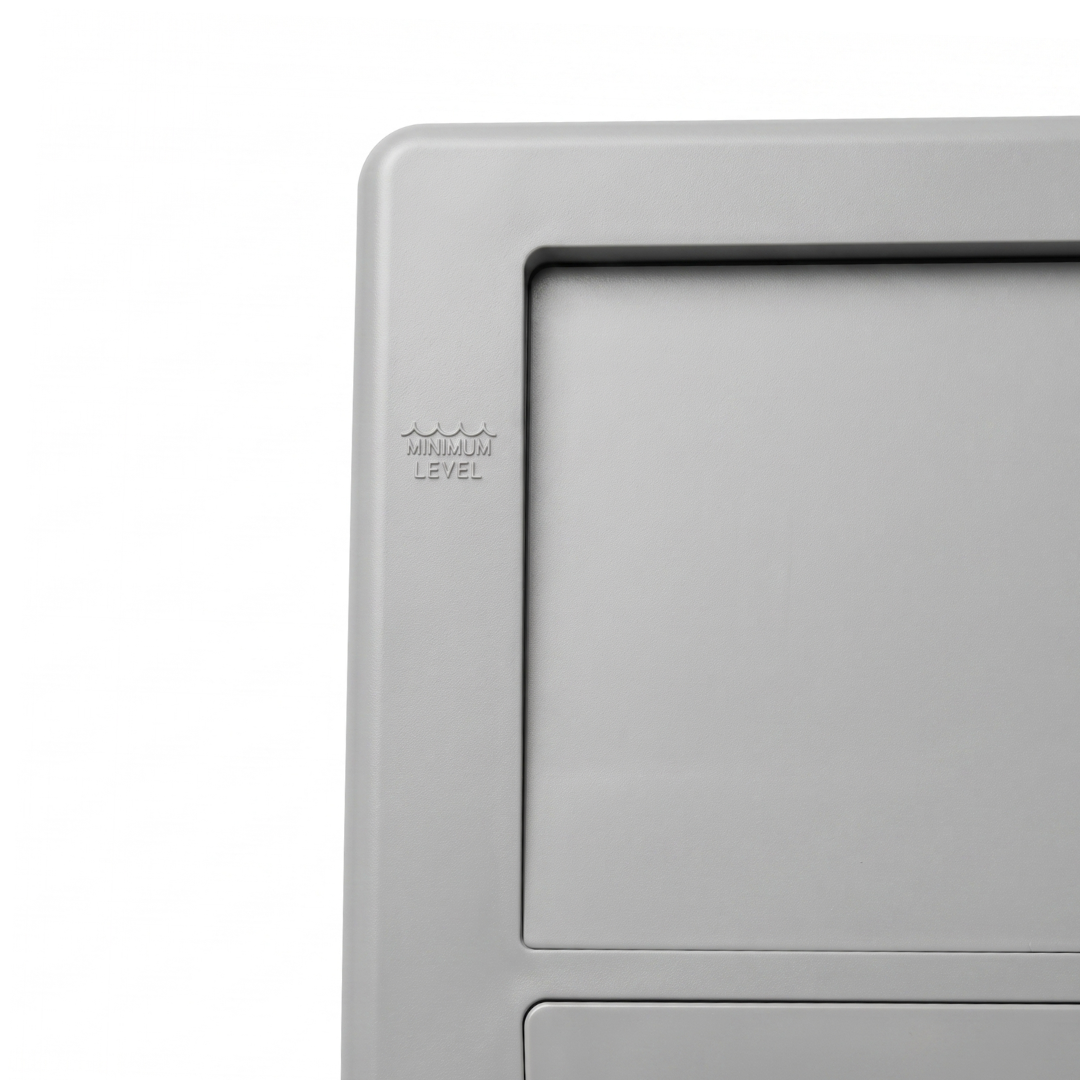 Close up view of the corner on a grey wide mouth pool skimmer faceplate frame highlighting the molded minimum water level text and wave icon indicator
