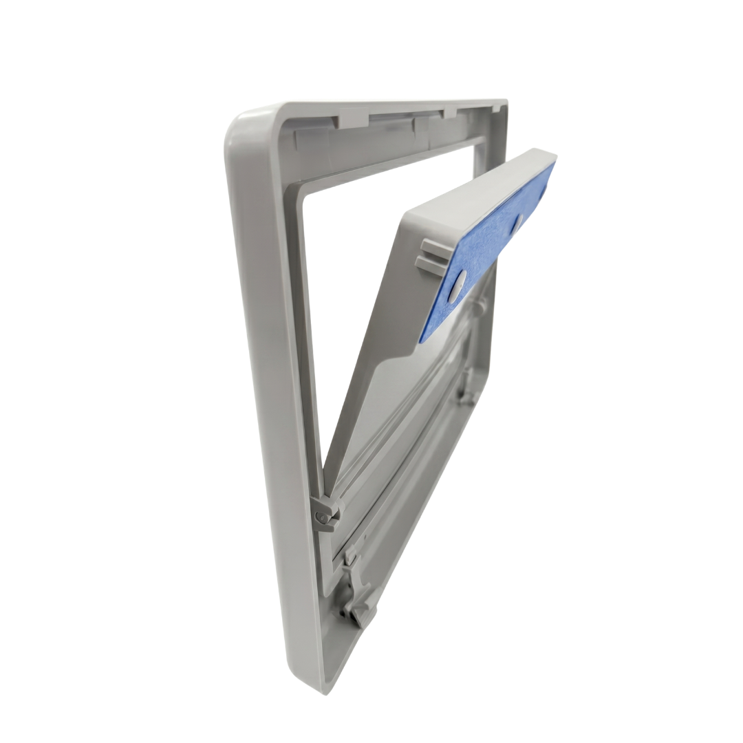 Side profile view of a grey wide mouth pool skimmer faceplate assembly demonstrating the outward swinging motion of the weir flap door and blue buoyancy foam
