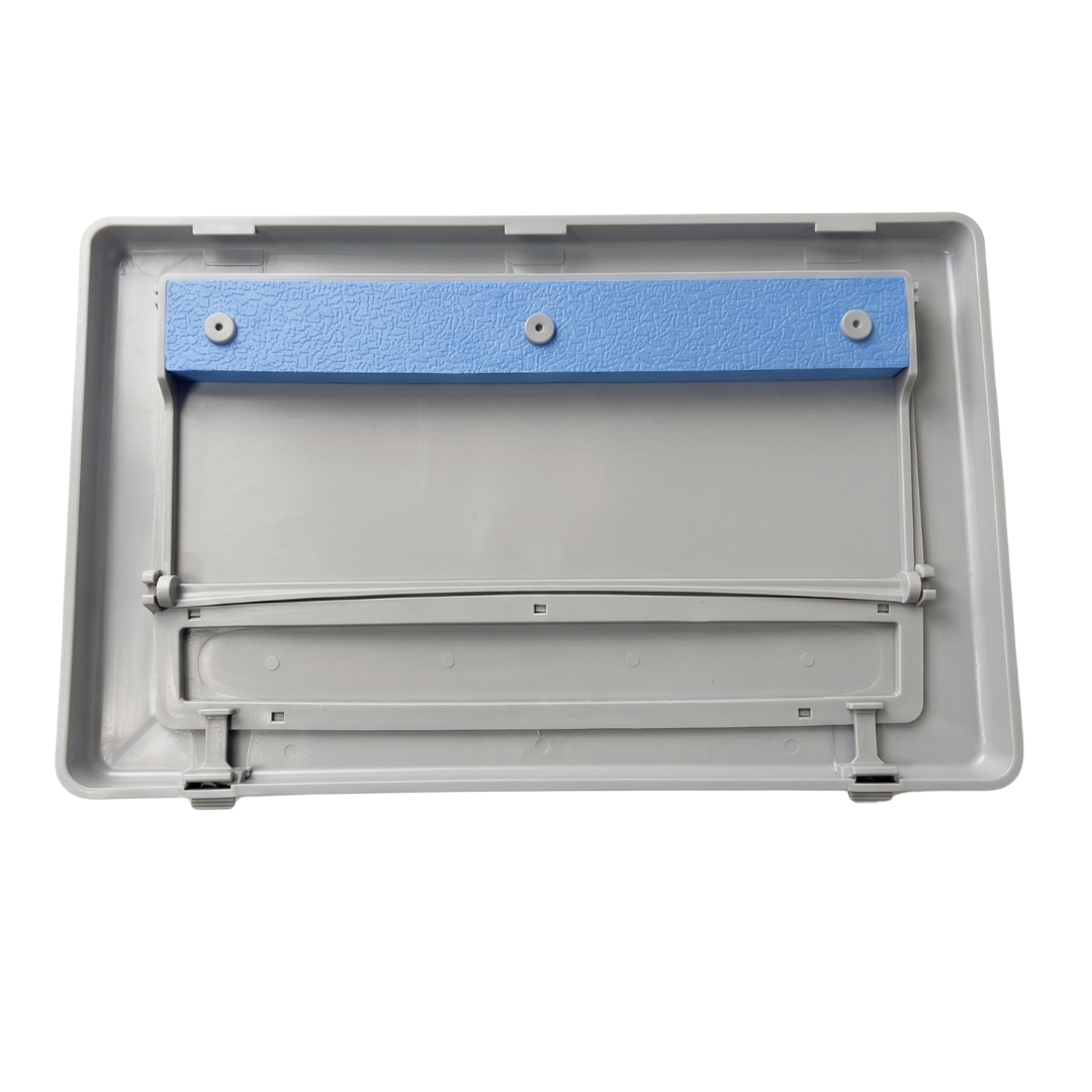 Rear view of a grey wide mouth pool skimmer weir flap door assembly showing the blue foam buoyancy block and the bottom snap-in mounting clips