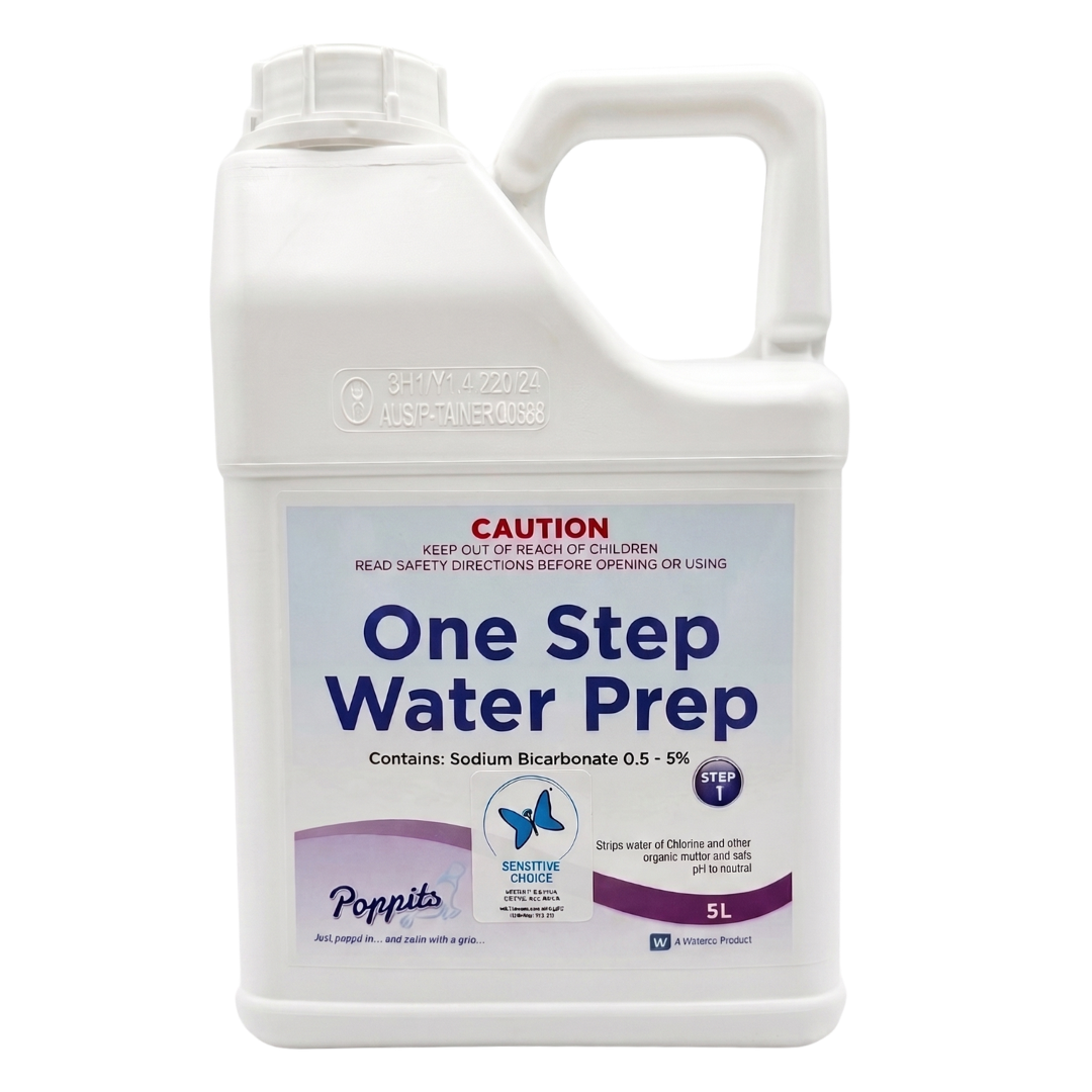 A 5L bulk bottle of Poppits One Step Water Prep with the Sensitive Choice logo, a chlorine-free spa balancer used to strip organic matter and condition water for sensitive skin.