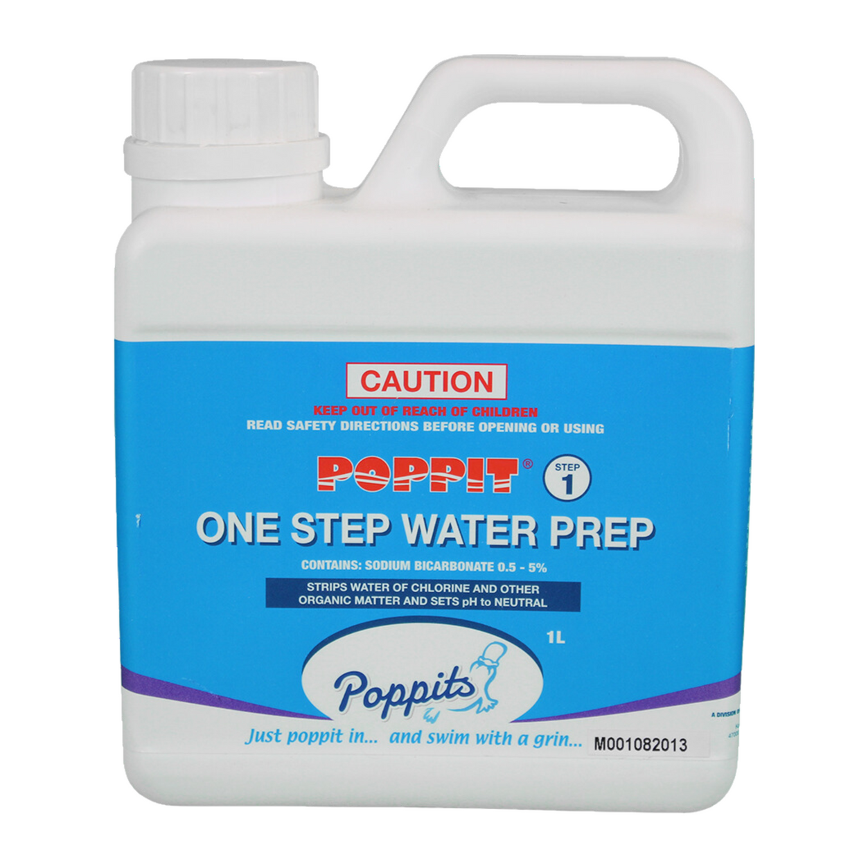 A 1L bottle of Poppits One Step Water Prep, a chlorine-free spa balancer used to neutralize chemical residues, strip organic matter, and stabilize pH.