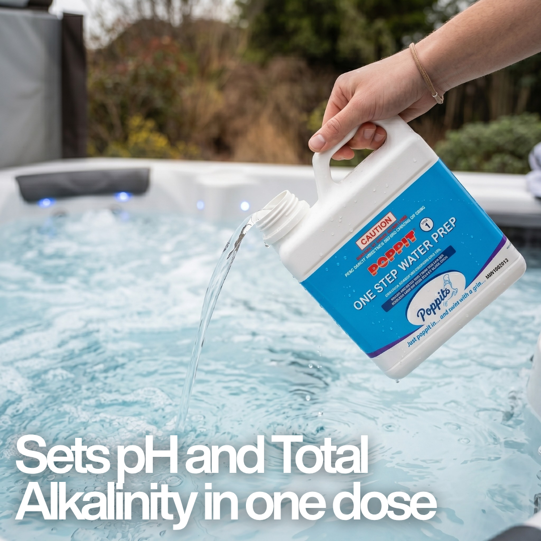A hand pouring Poppits One Step Water Prep liquid into a bubbling outdoor spa, with text: "Sets pH and Total Alkalinity in one dose," demonstrating alternative hot tub conditioning.