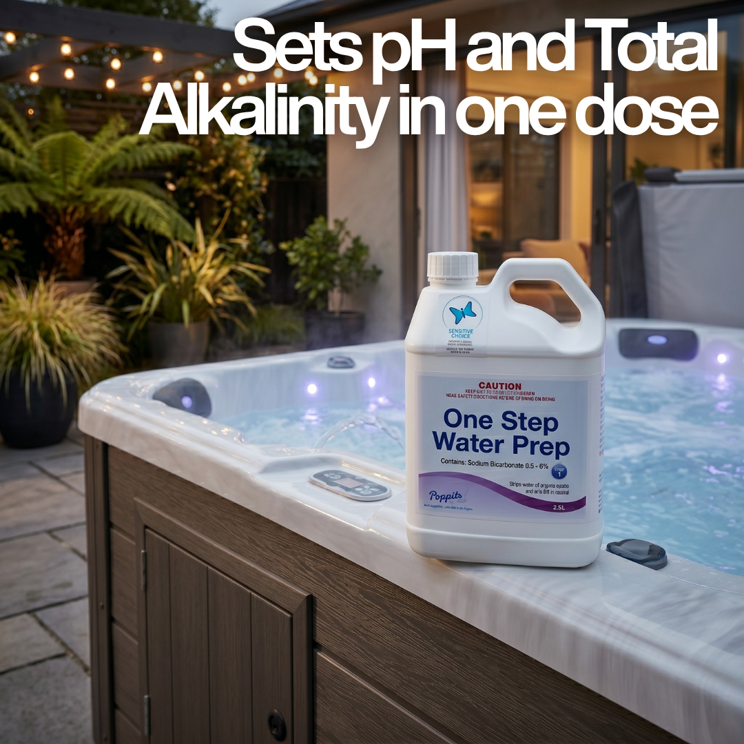A 2.5L bottle of Poppits One Step Water Prep spa balancer sitting on the side of an illuminated backyard hot tub at night, with white text overlay stating that it sets pH and total alkalinity in one dose.