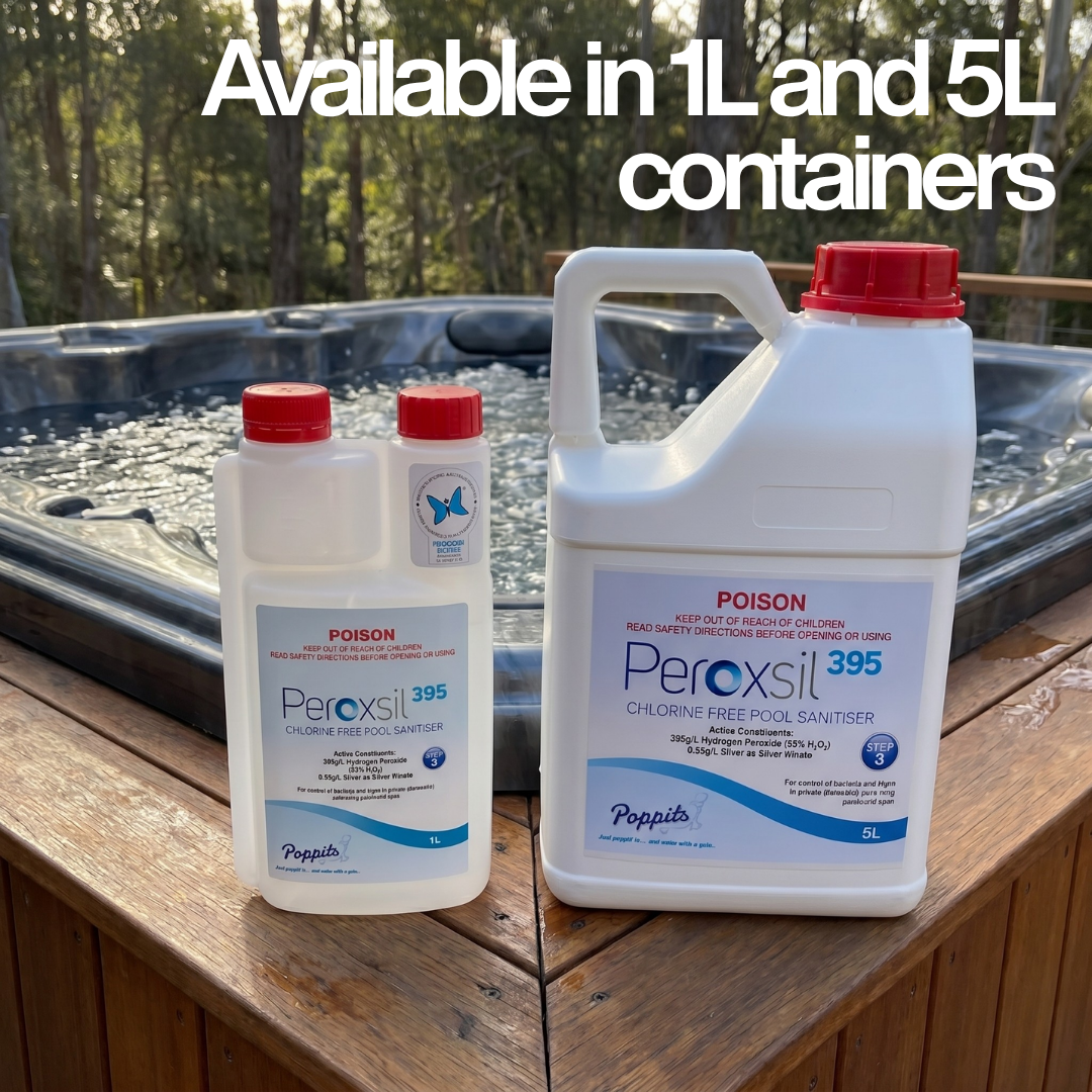 Poppits Peroxsil 395 chlorine-free sanitiser shown in 1L and 5L sizes poolside with text: "Available in 1L and 5L containers."