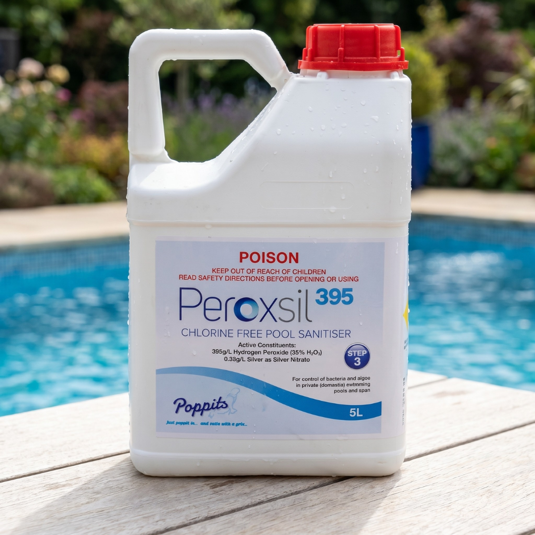 5L bulk container of Poppits Peroxsil 395 Chlorine Free Pool Sanitiser sitting poolside, a high-strength hydrogen peroxide formula for algae and bacteria control in swimming pools.