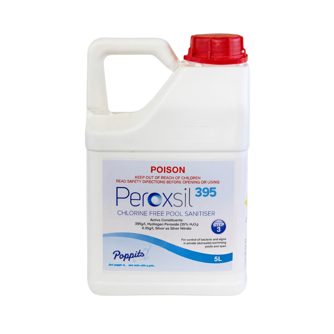 5L bulk container of Poppits Peroxsil 395 Chlorine Free Pool Sanitiser, a high-strength hydrogen peroxide and silver-based sanitiser for pools and spas.
