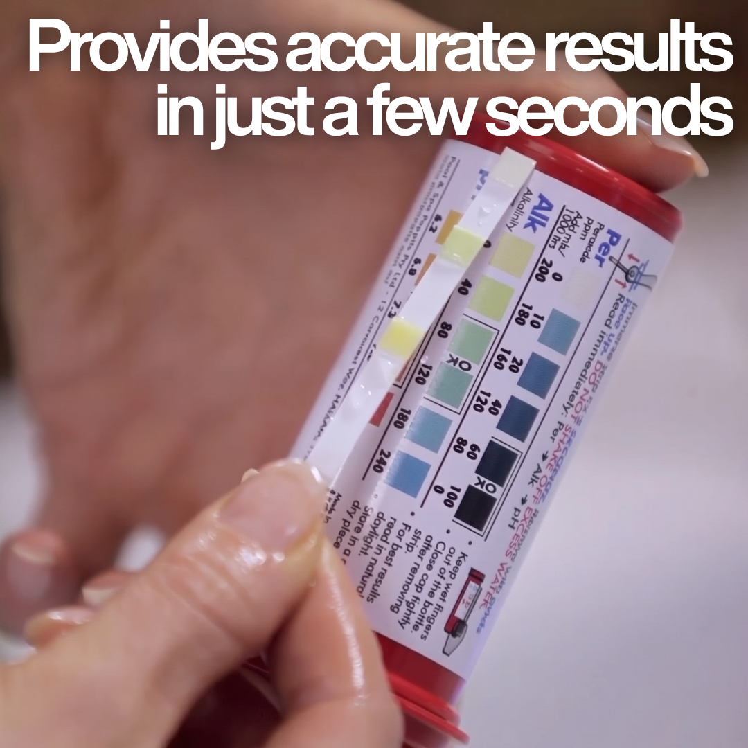 Close-up of a hand holding a Poppits Peroxsil test strip against the color chart on the bottle with text: "Provides accurate results in just a few seconds," showing Peroxide ppm and Alkalinity scales.