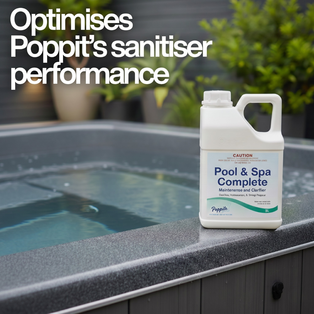 A 5L container of Poppits Pool & Spa Complete Maintenance and Clarifier optimises sanitiser performance
