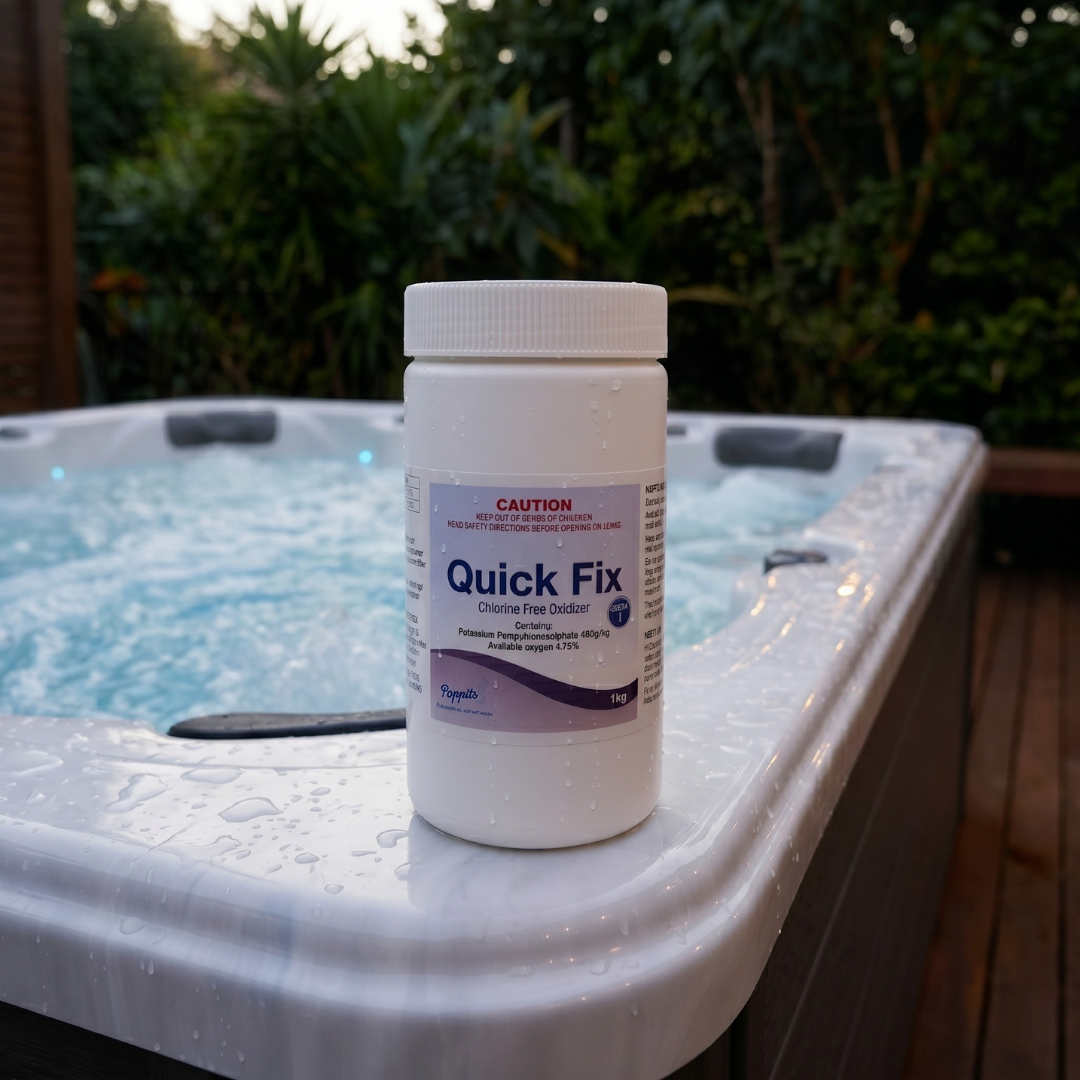 A 1kg container of Poppits Quick Fix chlorine-free spa oxidiser sitting on the white wet acrylic shell corner of a bubbling outdoor hot tub spa.