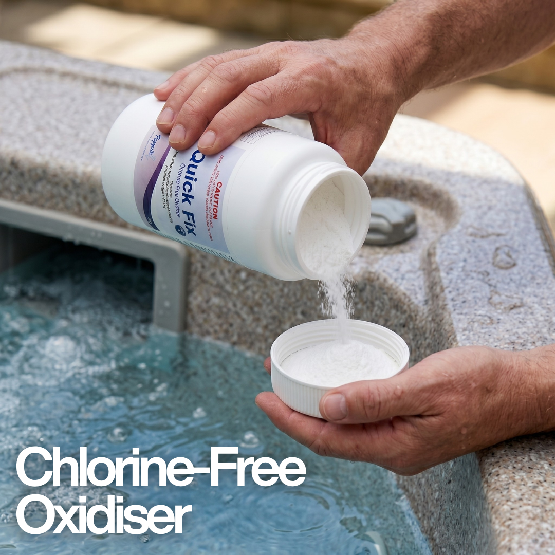 A person pouring Poppits Quick Fix chlorine-free spa oxidiser powder into a white container lid over a bubbling hot tub spa, featuring a white text overlay that reads "Chlorine-Free Oxidiser".
