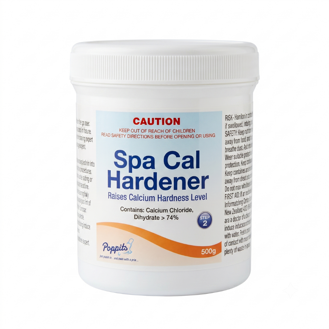A 500g container of Poppits Spa Cal Hardener against a clean white background. The product label features a blue "Step 2" logo and indicates it is used to raise calcium hardness levels in spas, containing more than 74% Calcium Chloride, Dihydrate.