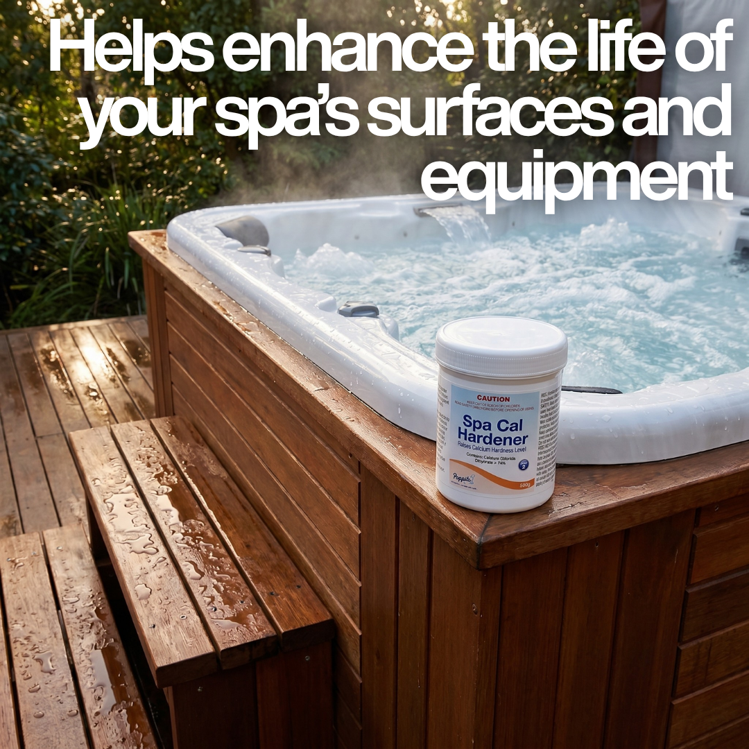A 500g tub of Poppits Spa Cal Hardener on the wooden frame of a steaming outdoor hot tub. Large text overlay reads, "Helps enhance the life of your spa's surfaces and equipment," highlighting the benefit of raising calcium hardness levels.