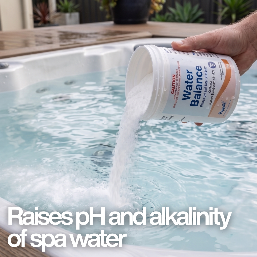 A hand pouring granular Poppits Water Balance into a hot tub, with text overlay: "Raises pH and alkalinity of spa water," showing maintenance dosing for a chlorine-free system.