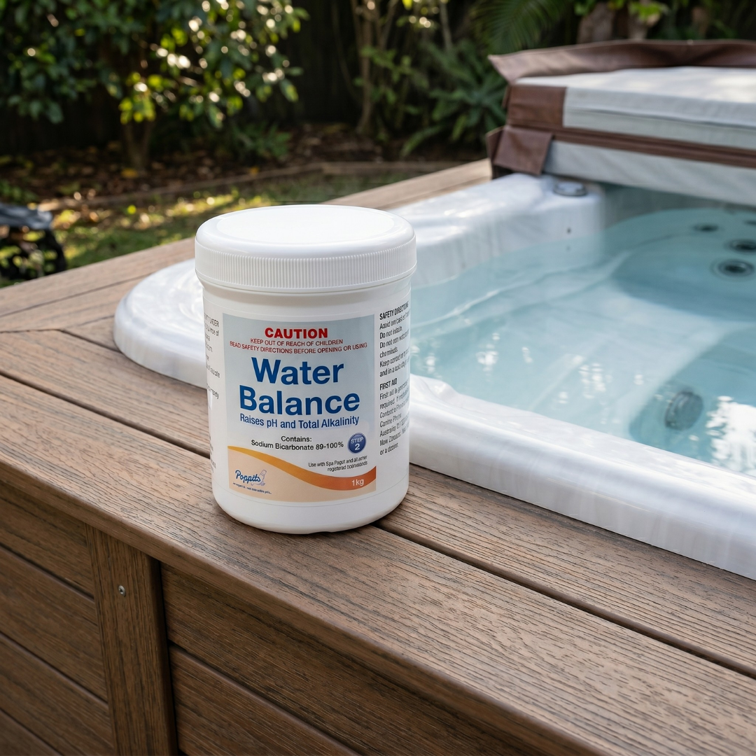 A 1kg container of Poppits Water Balance sitting on the wooden cabinet ledge of an outdoor hot tub, used to raise low pH and total alkalinity in chlorine-free spa systems.