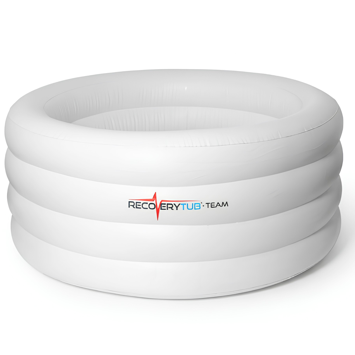 An empty, large white inflatable RecoveryTub Team ice bath tub isolated on a white background, showing its round, multi-ring tiered structure and the brand logo on the side
