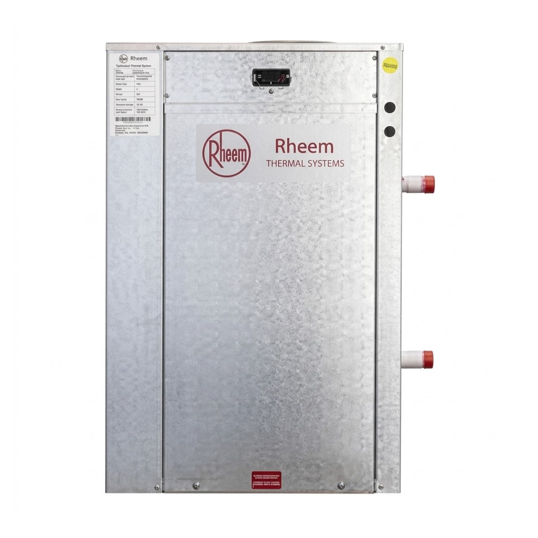 Rheem Thermal RTHP commercial pool heat pump unit featuring a galvanized steel casing and Rheem Thermal Systems logo.