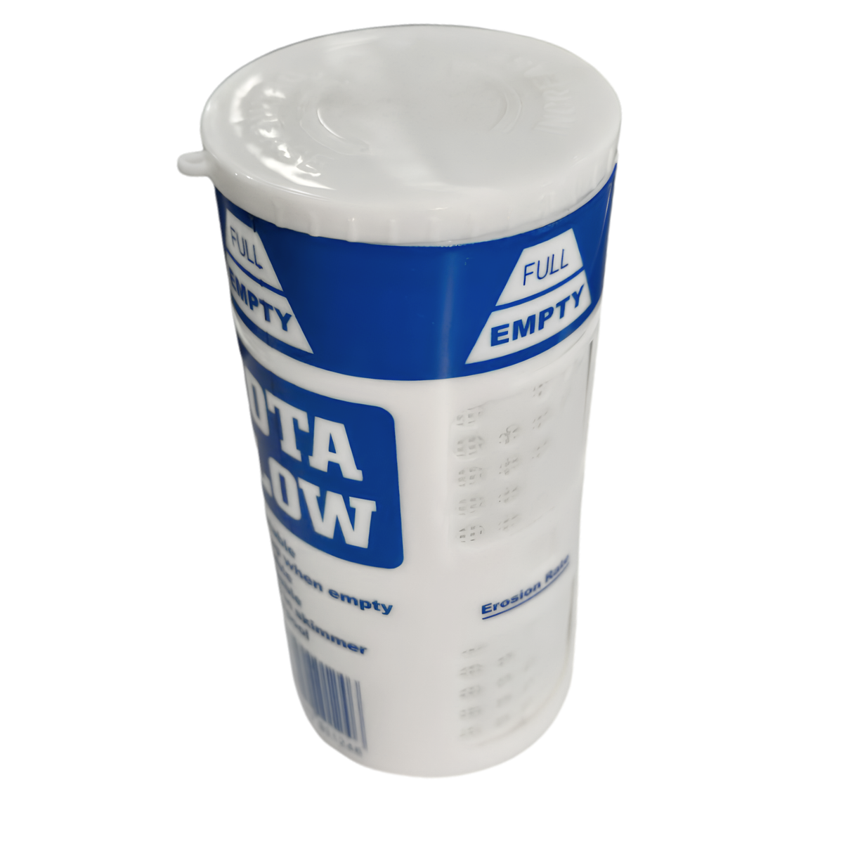 Three-quarter top view of the Rota Flow floating chemical feeder for hot tubs, highlighting the white cap and full empty indicator labels.