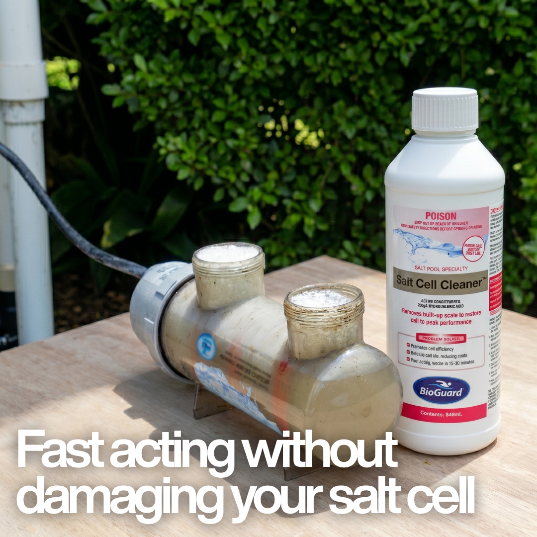 BioGuard Salt Cell Cleaner bottle next to a salt chlorinator cell undergoing a cleaning soak. Text overlay emphasizes the "Fast acting without damaging your salt cell" formula, highlighting its safety for delicate electrode plates.