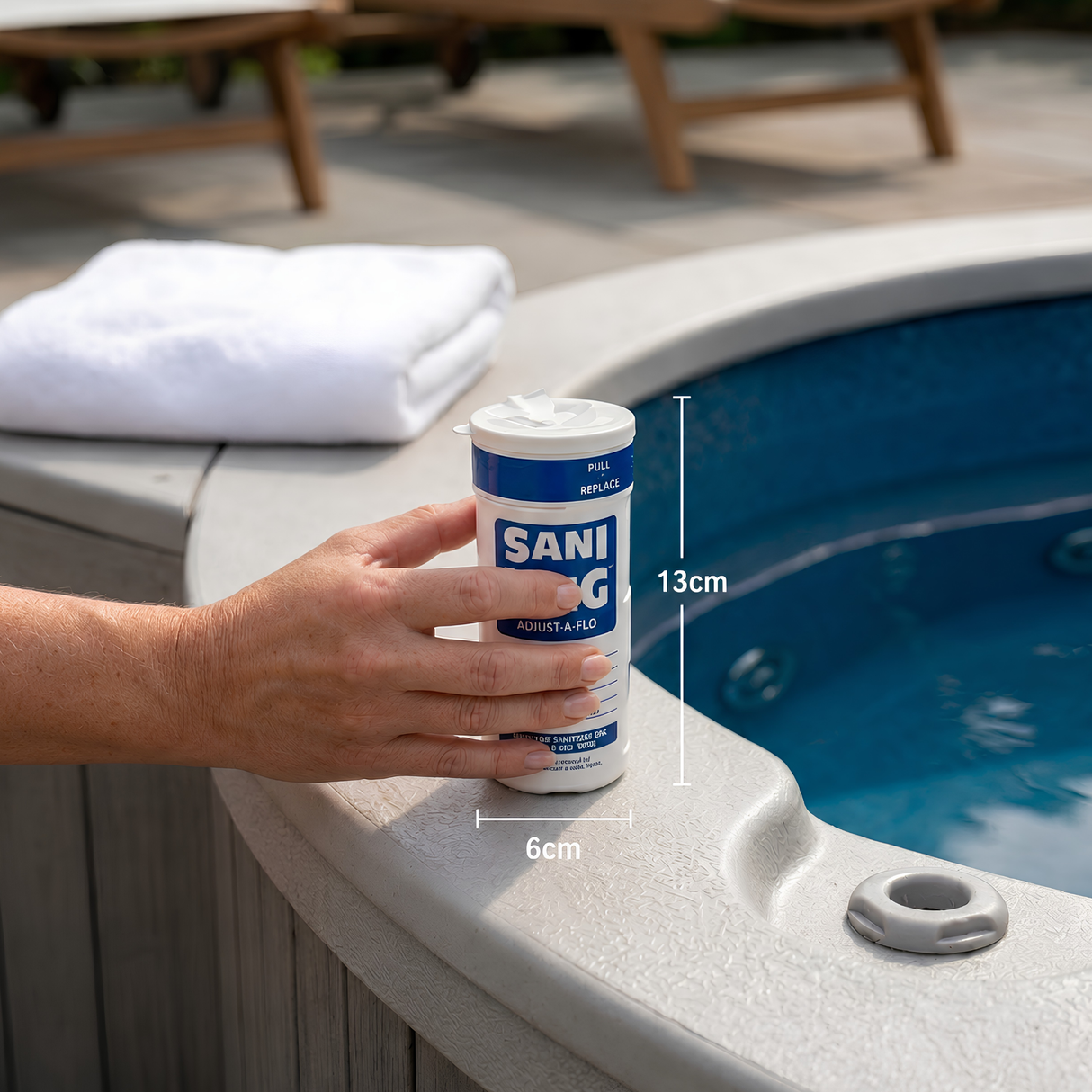 Hand holding a Sani-King Adjust-A-Flo spa dispenser next to a hot tub, with graphic lines showing its 13cm height and 6cm width dimensions.