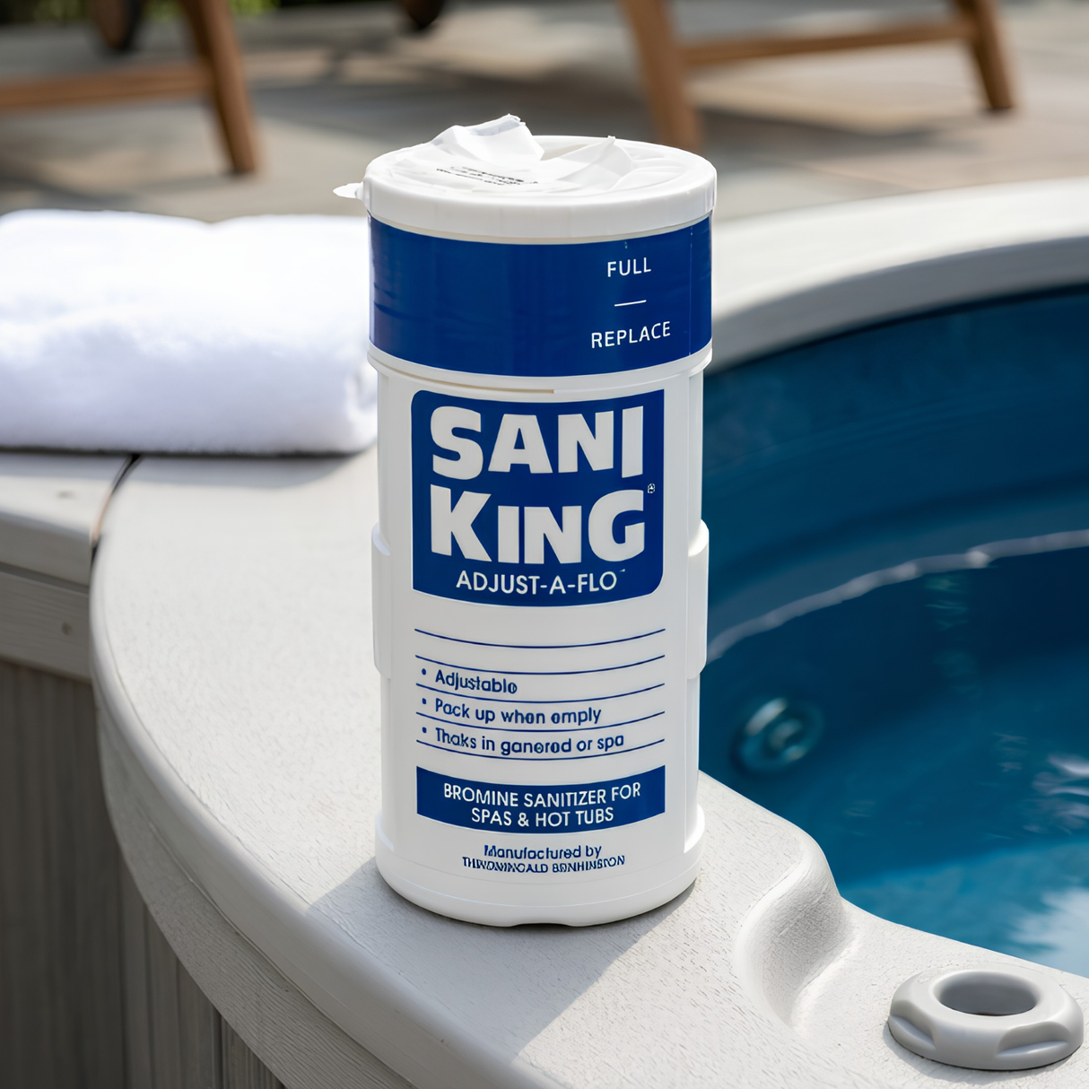 Close-up view of a Sani-King Adjust-A-Flo bromine sanitizer dispenser sitting on the coping edge of an outdoor hot tub.