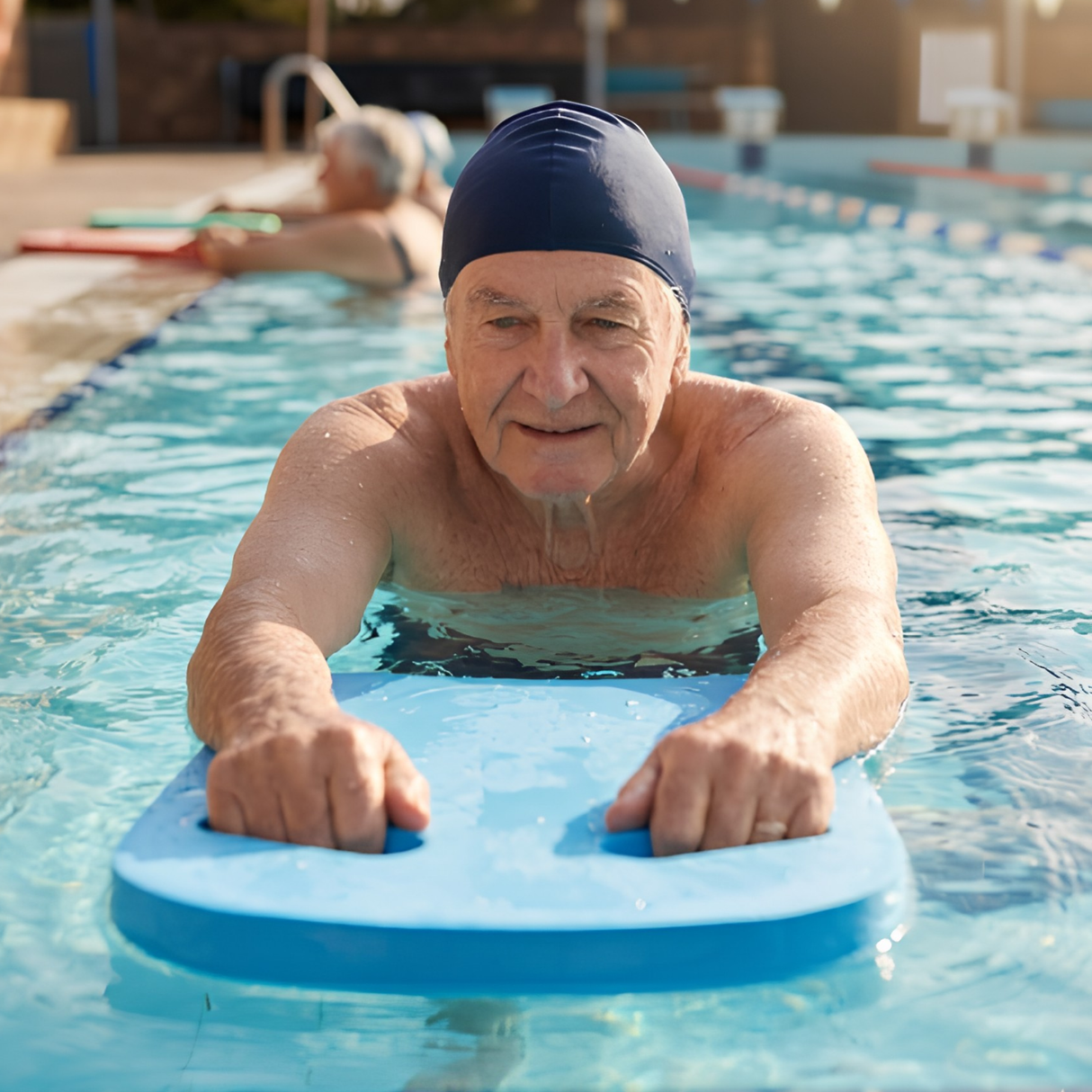 Senior man wearing a navy blue swim cap using a light blue foam kickboard with handles during an aqua aerobics or water therapy class in an outdoor pool.