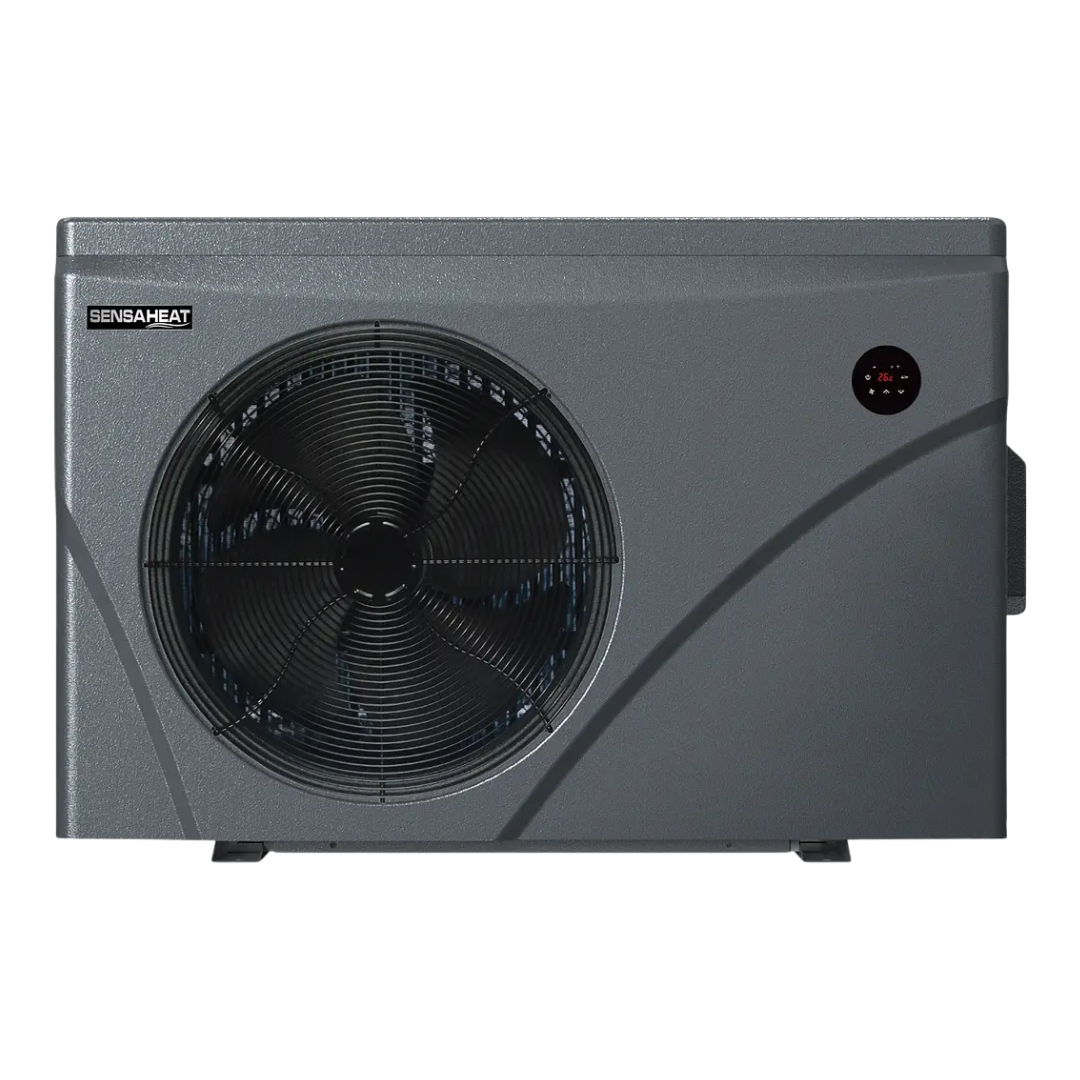 Direct front studio view of a dark grey Sensaheat ES Series pool heat pump featuring a large circular fan grille, Sensaheat logo in the top left corner, and a small round digital LED controller display in the top right.