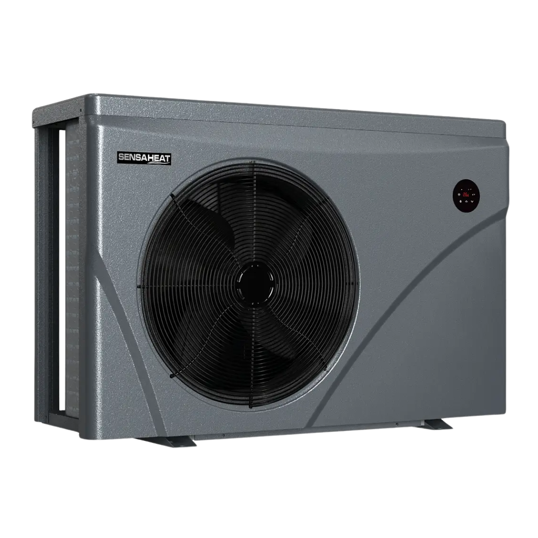 Three-quarter studio view from the left of a dark grey Sensaheat ES Series pool heat pump, displaying its front fan grille, textured casing, side intake opening, and round LED display.