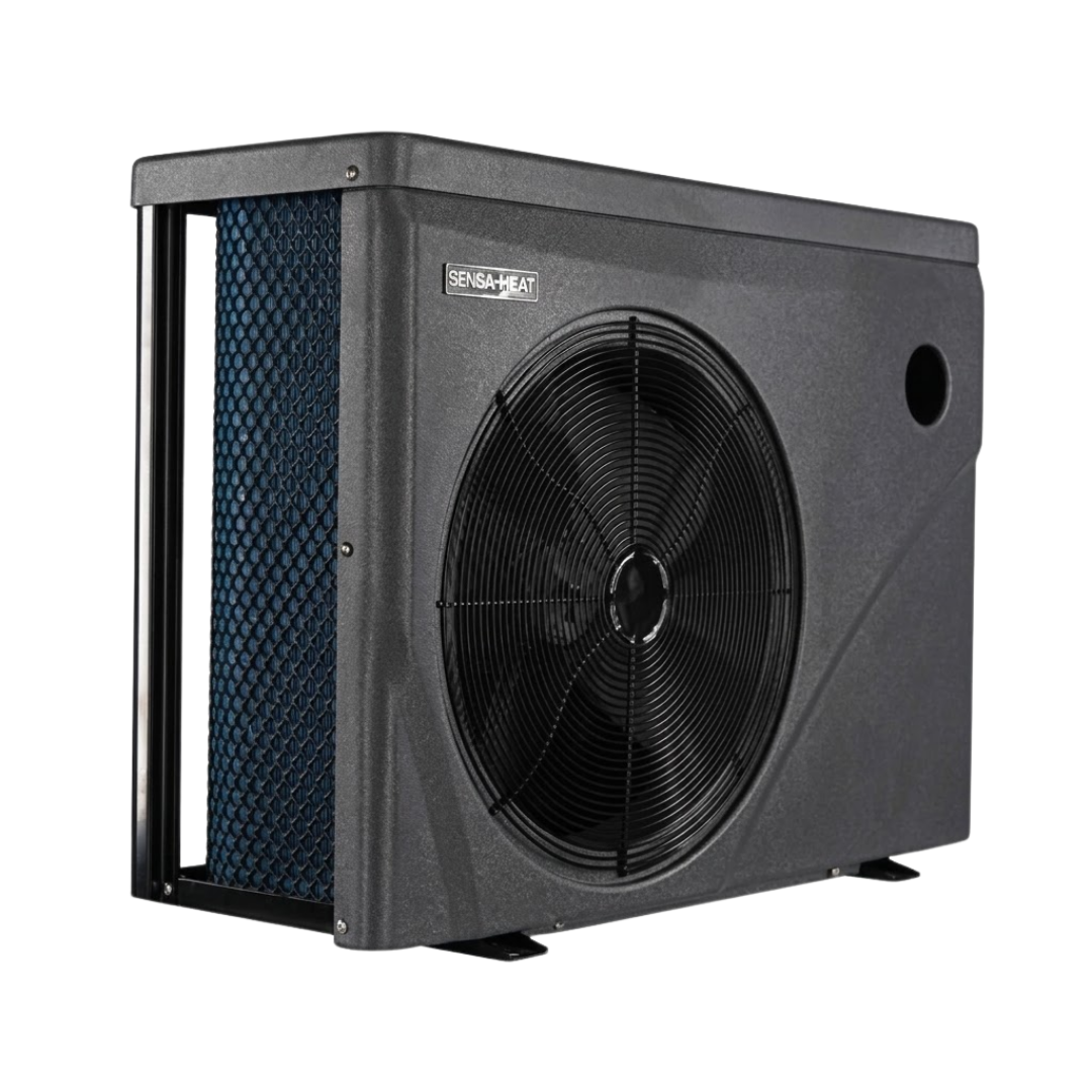 Three-quarter studio front view from the side of a dark grey Sensaheat ES Series pool heat pump, showing the large front fan grille, side air intake showing blue coils behind mesh, and top-right recess cutout.