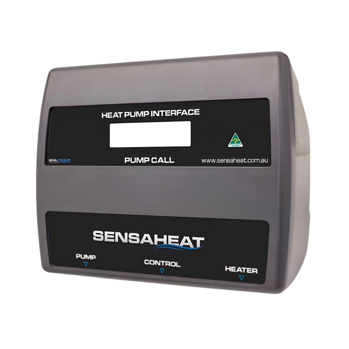 Three-quarter angled front view studio shot of the Sensaheat Heat Pump Interface by Spa-Craft, displaying the grey outer casing, central LCD window, and lower labels for pump, control, and heater connections.