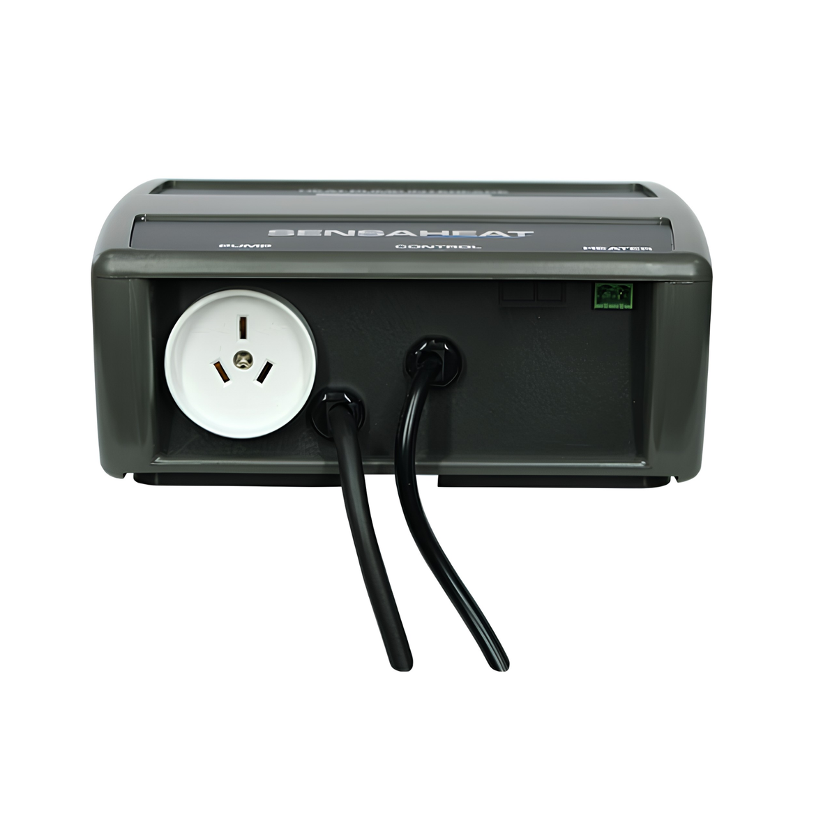 Bottom view of the Sensaheat Heat Pump Interface pool controller highlighting the electrical outlets, wiring cables, and power socket connections for the pump and heater setup.