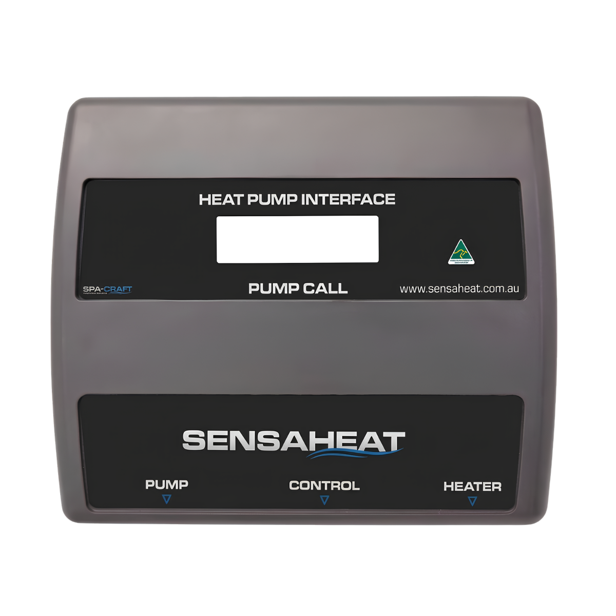Sensaheat Heat Pump Interface automated controller unit with a digital display screen, pump call indicator, and labeled outlets for pump, control, and heater.