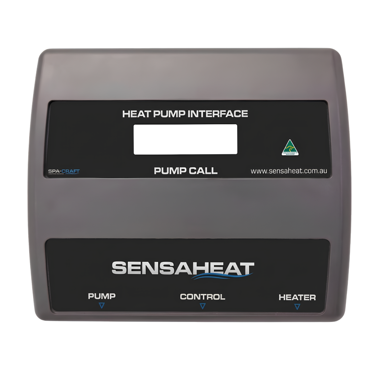 Front view studio shot of the Sensaheat Heat Pump Interface automation controller by Spa-Craft, featuring an LCD display window, Pump Call status light indicator, and labeled sections for Pump, Control, and Heater connections.