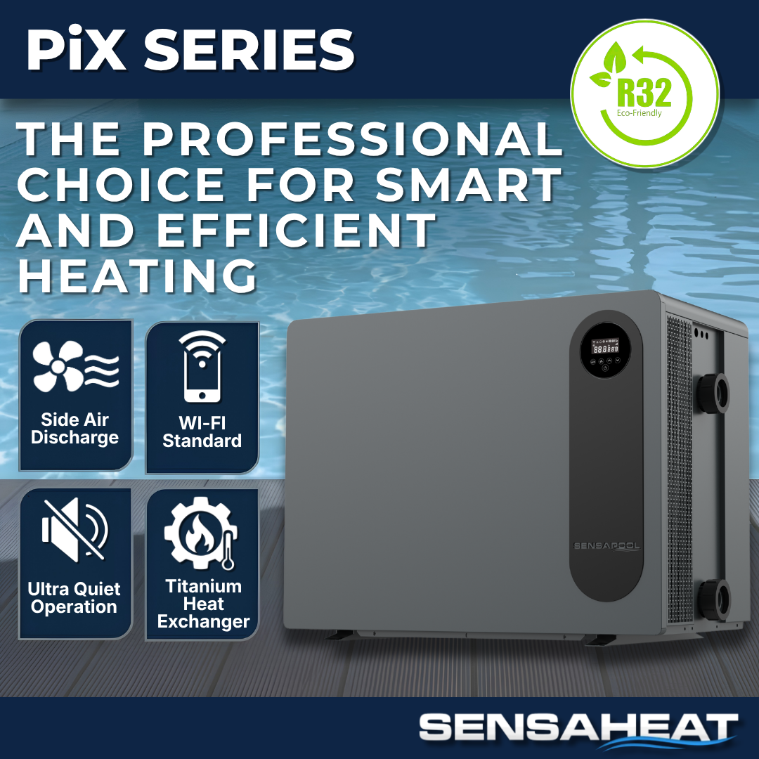 Product features infographic for the Sensaheat PiX Series pool heat pump using eco-friendly R32 refrigerant, featuring a sleek grey unit with icons highlighting side air discharge, standard Wi-Fi connectivity, ultra quiet operation, and a titanium heat exchanger.