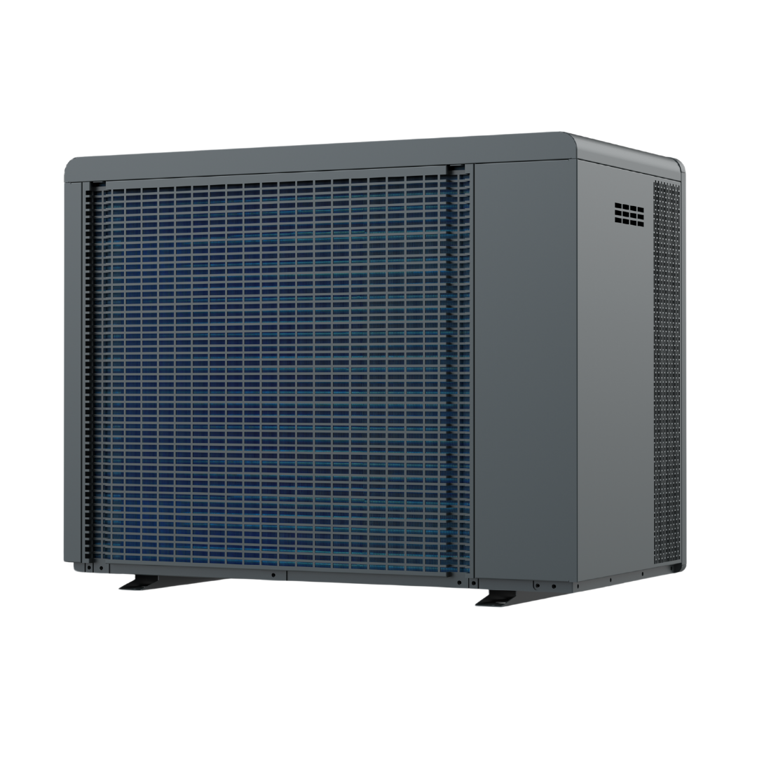 Three-quarter rear studio view of a matte grey Sensaheat PiX Series pool heat pump, displaying a large protective rear grille over blue coils, side air outlet mesh, and small ventilation slits.