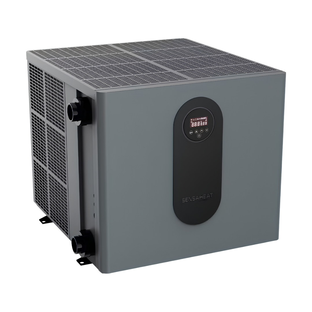 Three-quarter studio view of a matte grey Sensaheat TDX Series pool heat pump featuring a top air discharge grille, side air intake mesh, left-side plumbing connection unions, and a centered front black panel housing an integrated digital LED screen.