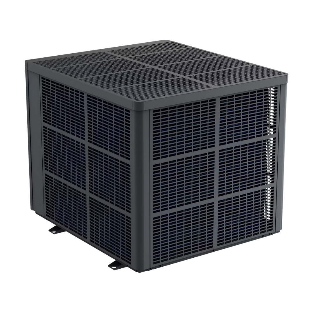 Three-quarter studio view from the rear above of a matte grey Sensaheat TDX Series pool heat pump, displaying its top air discharge grille, mesh rear and side air intake panels, and base mounting brackets.