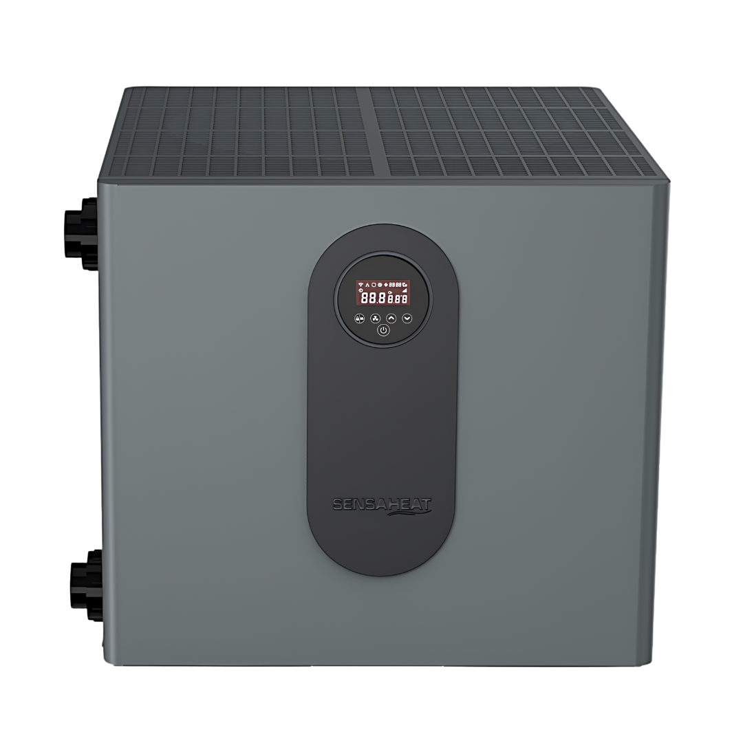 Three-quarter studio view from above of a matte grey Sensaheat TDX Series pool heat pump, showing its top discharge ventilation grille, front-facing digital control panel, and side plumbing ports.