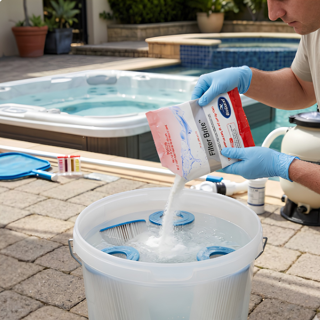 A pool professional wearing blue gloves pouring BioGuard Filter Brite powder into a bucket of water to soak dirty hot tub spa cartridge filters by the poolside.