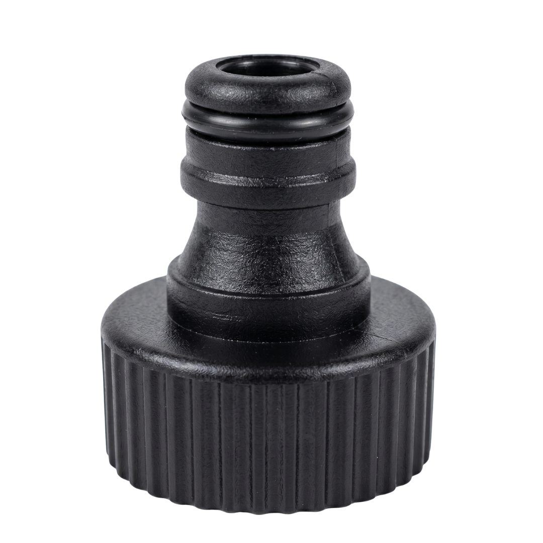 Black plastic spa drain tap connector adapter featuring a ridged female threaded collar and a quick connect garden hose fitting with a rubber O ring