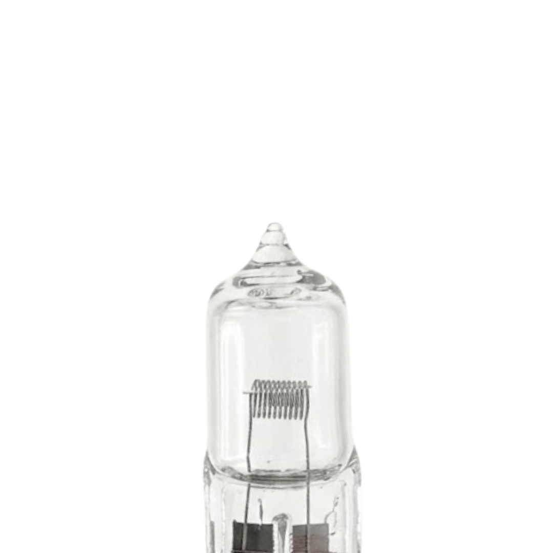 Extreme close-up view of the clear glass capsule and coiled wire filament on a Spa Electrics 12V replacement halogen globe for WN250 light fittings.