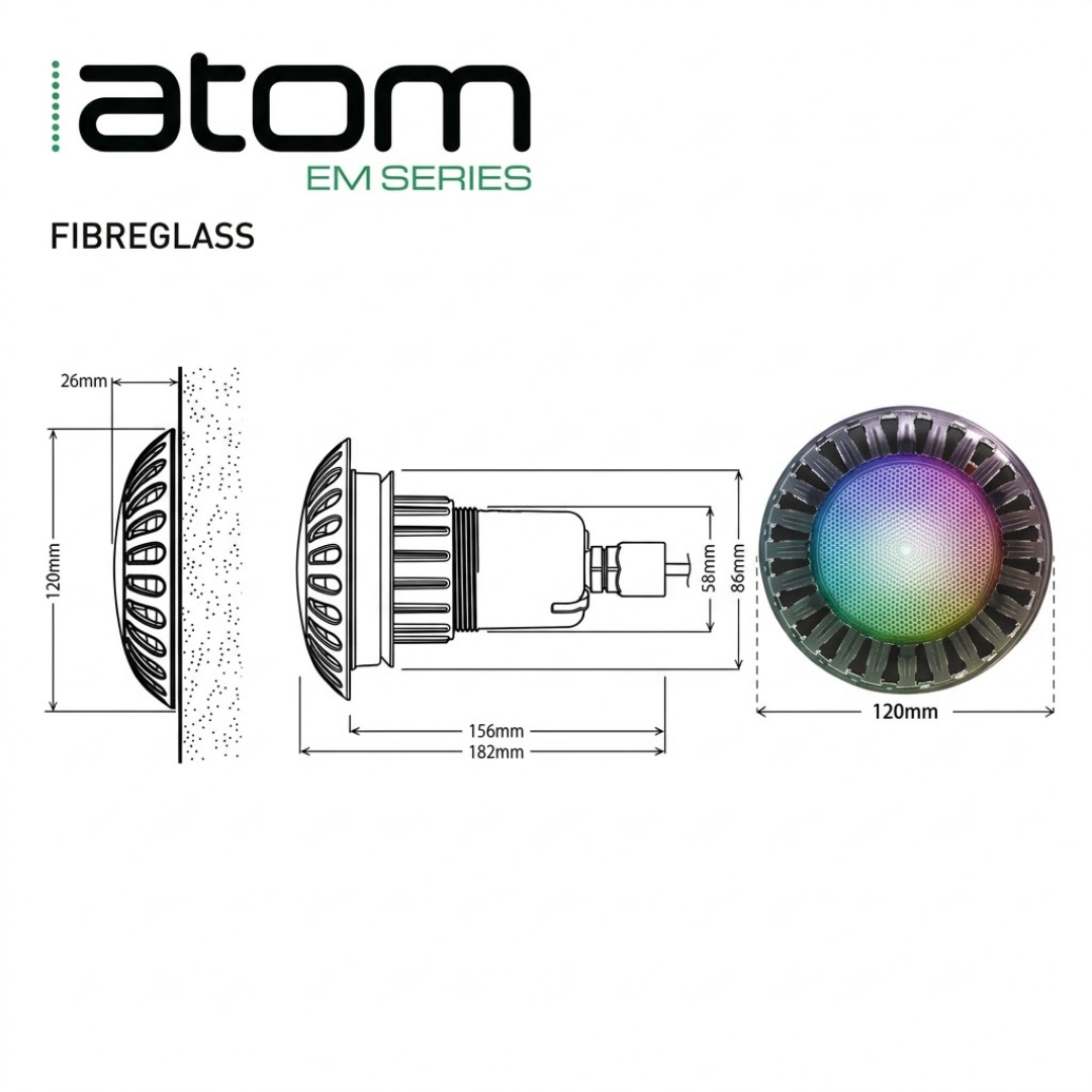 Technical dimension schematic diagram for the Spa Electrics Atom EM Series fibreglass LED pool light, detailing front, profile, and installation measurements alongside a product photo isolated on white.