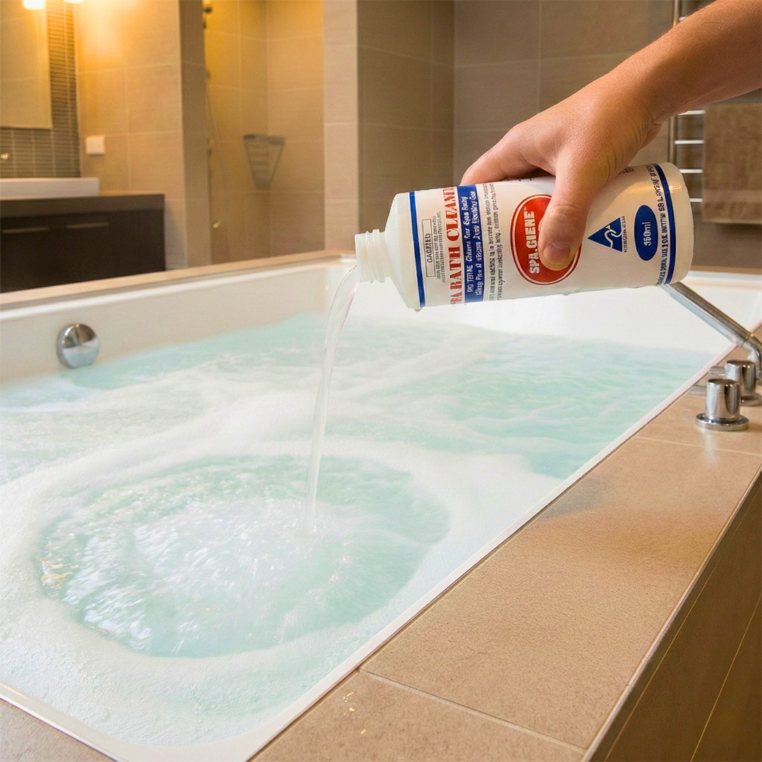 using a bottle of spa giene bathtub cleaner in a tiled bathroom.