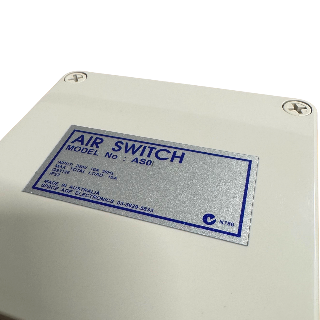 Close-up angled view of Space Age Electronics AS01 single outlet 10A pool air switch label showing technical specifications and N786 compliance logo.