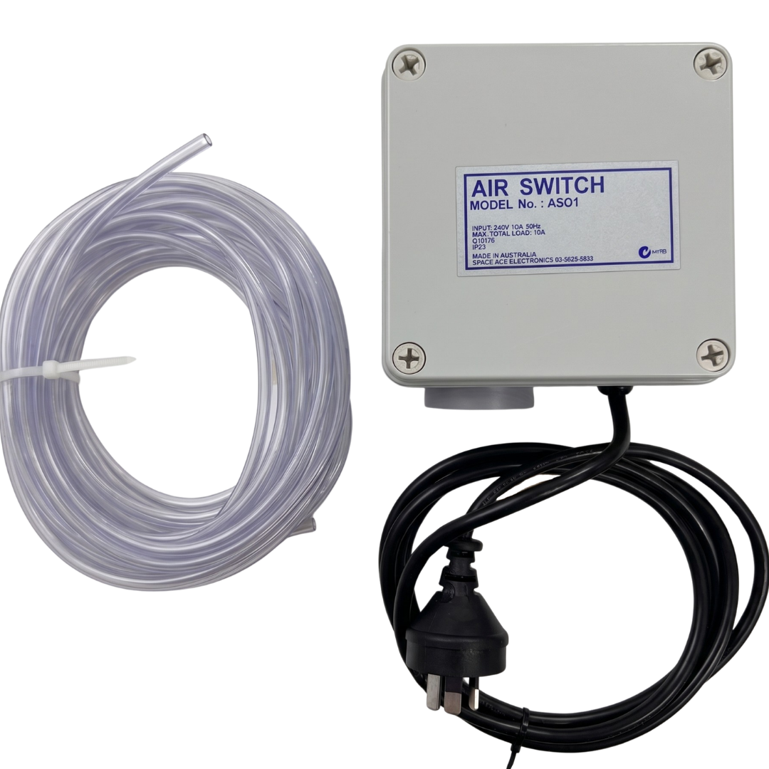 Space Age Electronics AS01 standard single outlet 10A pool air switch kit, featuring the square controller box, black power cord, and a bundled coil of clear vinyl air tubing.