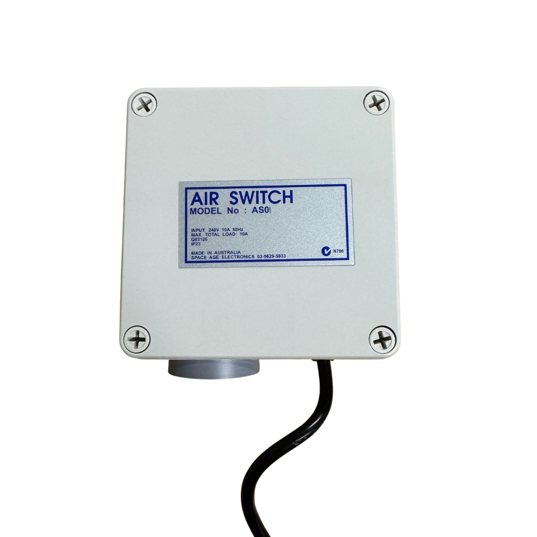 Front view of the standard Space Age Electronics AS01 single outlet 10A pool air switch controller box on a white background.