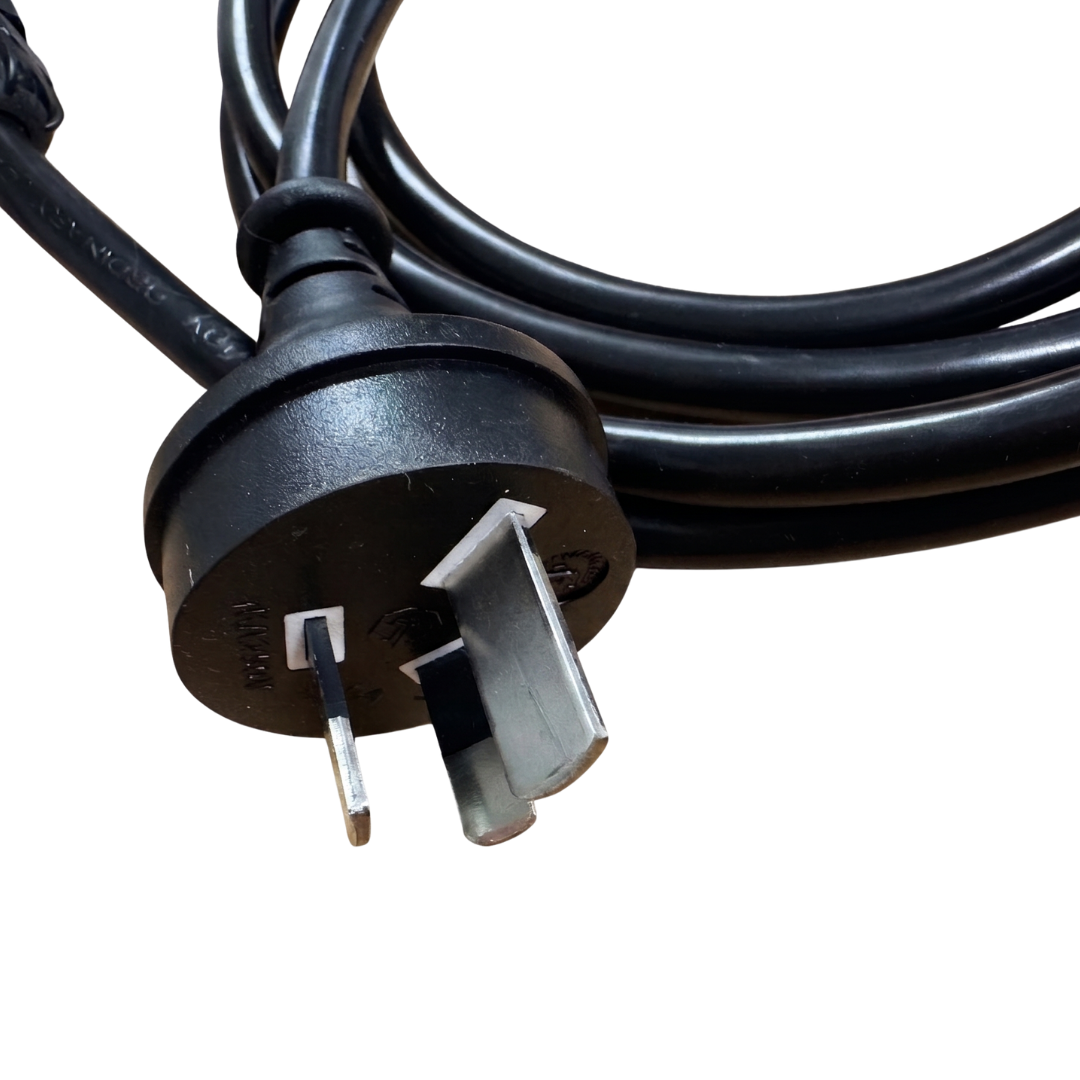 Extreme close-up of a black Australian 15A heavy duty 3-pin mains plug with an oversized earth pin for a Space Age Electronics AS01-H air switch.