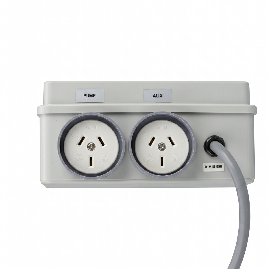Bottom view of Space Age Electronics AS02 standard air switch housing showing dual 10A weather-resistant GPO outlets labeled PUMP and AUX.