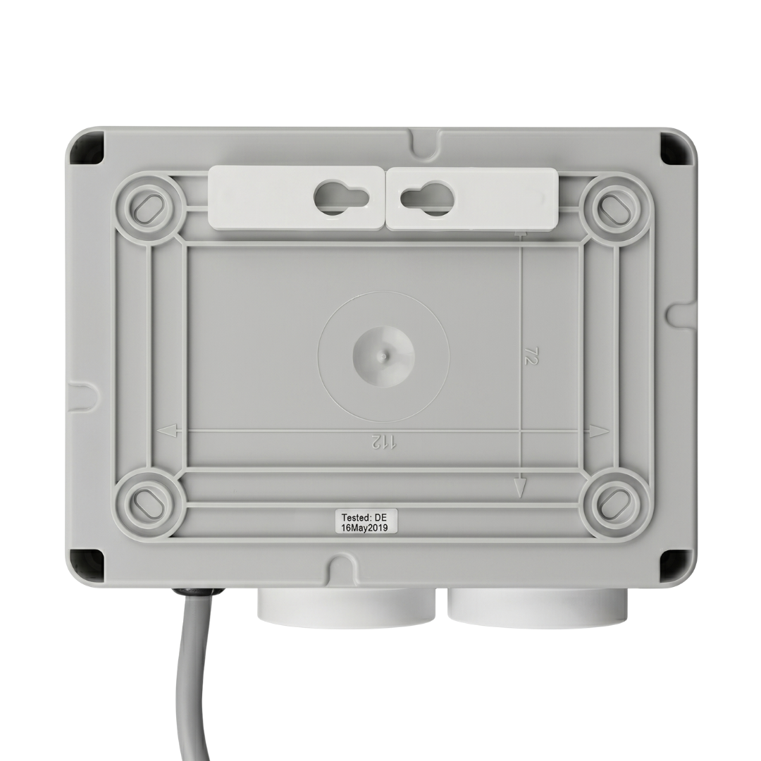 Rear view of Space Age Electronics AS02 standard 10A pool air switch controller housing showing mounting brackets and 112mm by 72mm installation template dimensions