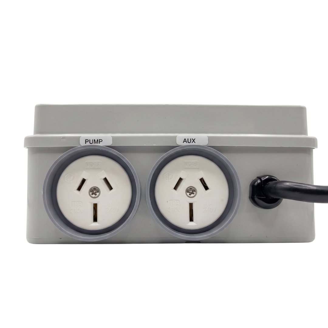 Bottom view of Space Age Electronics AS02-H heavy duty air switch showing dual 15A weather-resistant GPO outlets labeled PUMP and AUX.